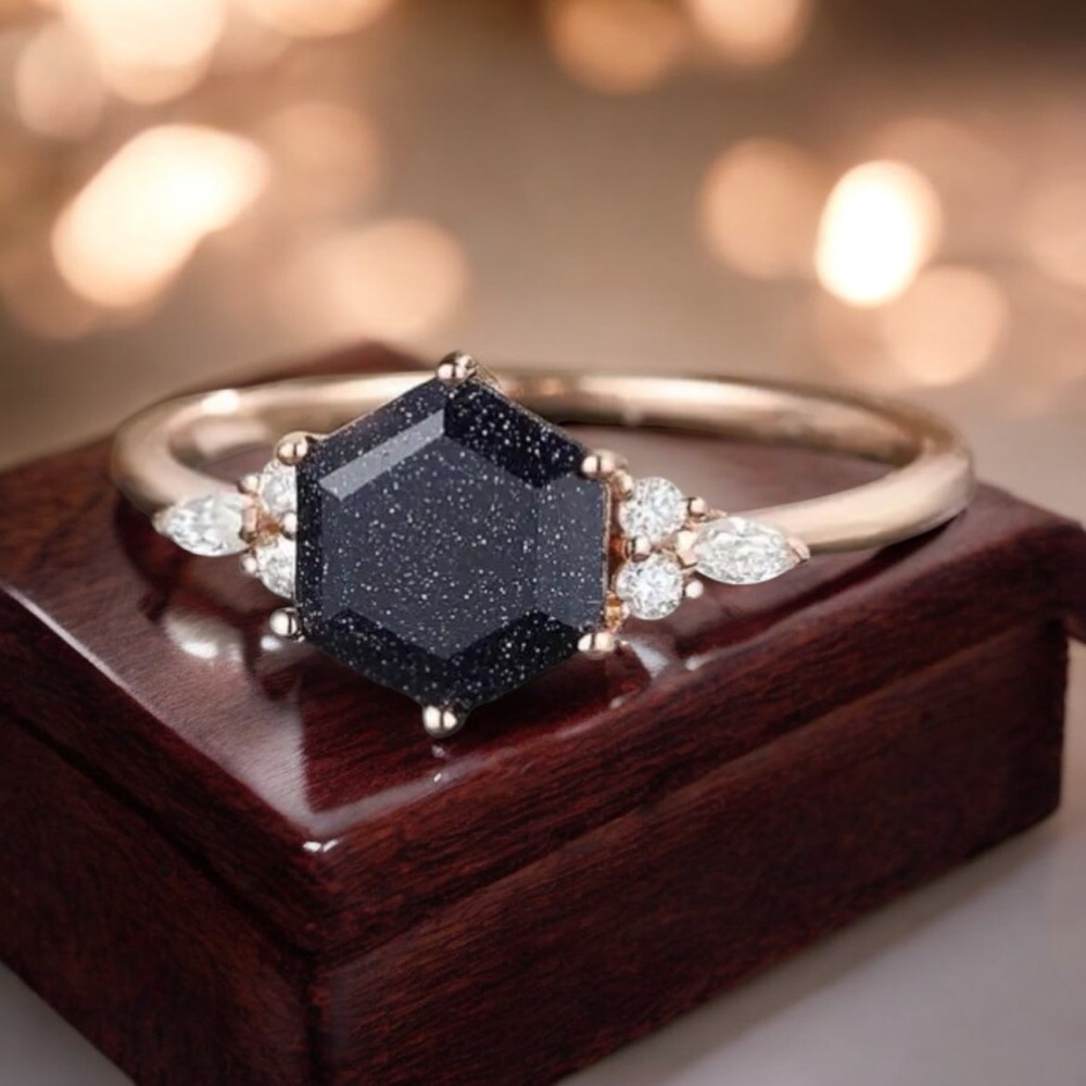 Hexagon cut Midnight Blue Sandstone and CZ gold Ring. New.